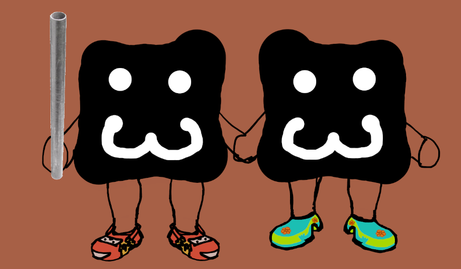 Image of two blobs holding hands. They have the :3 face. The blob on the left holds a metal pipe and wears Lightning McQueen Crocs, and the blob on the left wears Mystery Machine Crocs.